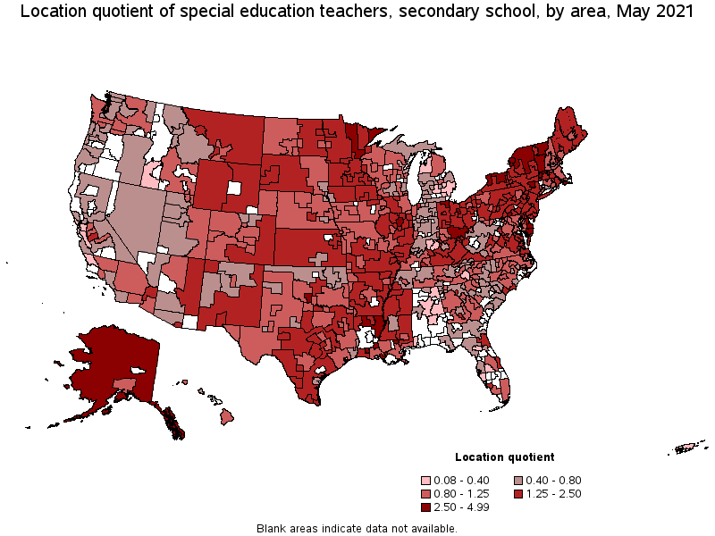 Map of location quotient of special education teachers, secondary school by area, May 2021