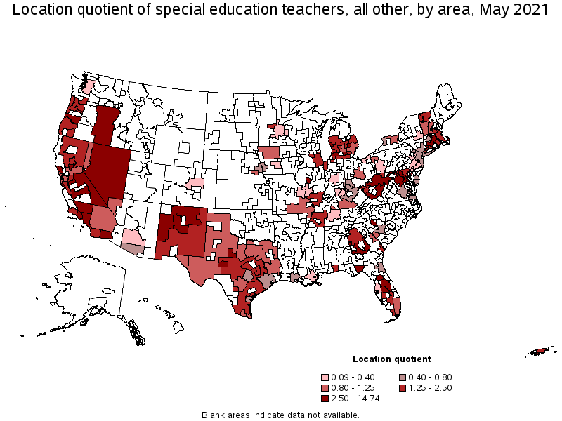 Map of location quotient of special education teachers, all other by area, May 2021