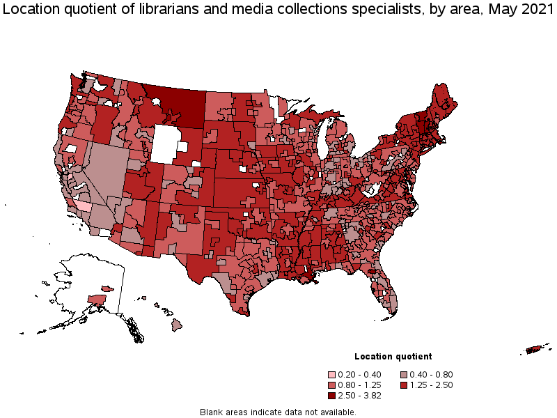 Map of location quotient of librarians and media collections specialists by area, May 2021