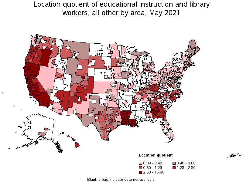 Map of location quotient of educational instruction and library workers, all other by area, May 2021