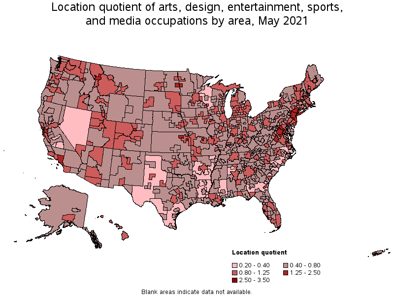 Map of location quotient of arts, design, entertainment, sports, and media occupations by area, May 2021