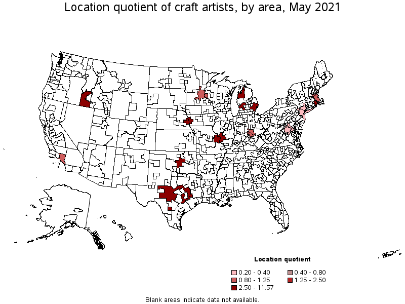 Map of location quotient of craft artists by area, May 2021