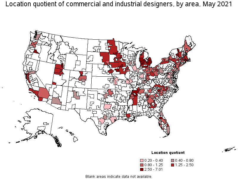 Map of location quotient of commercial and industrial designers by area, May 2021