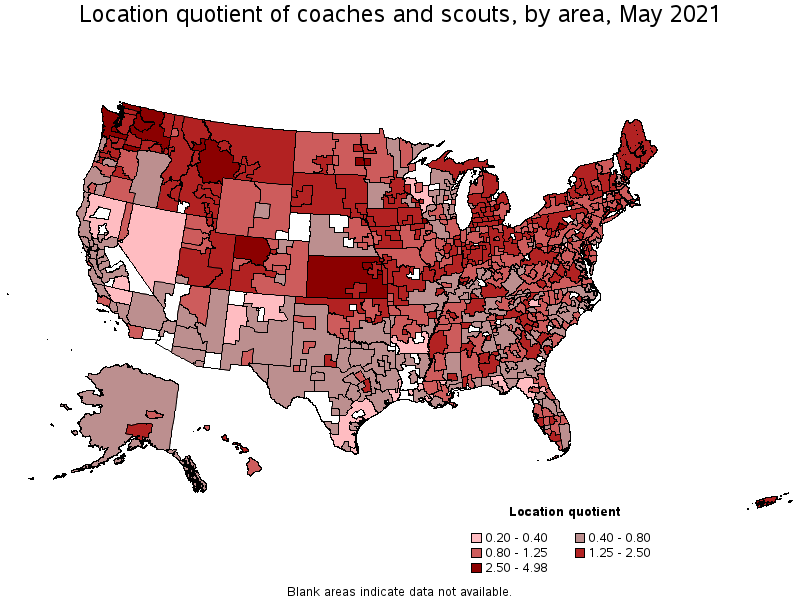 Map of location quotient of coaches and scouts by area, May 2021