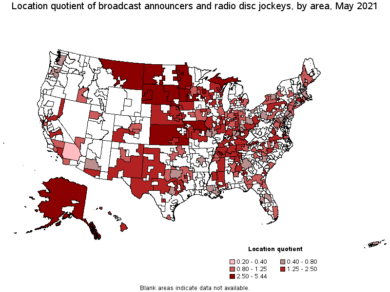 Map of location quotient of broadcast announcers and radio disc jockeys by area, May 2021