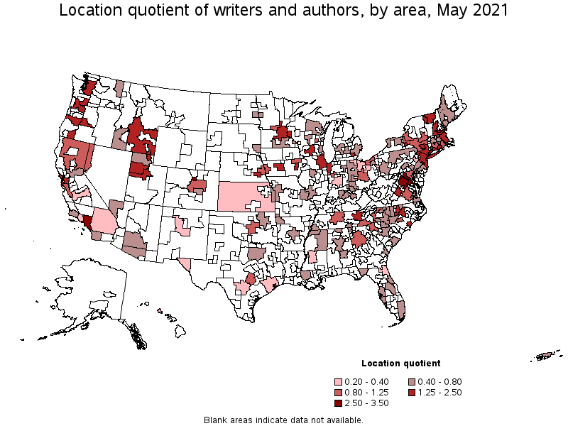 Map of location quotient of writers and authors by area, May 2021
