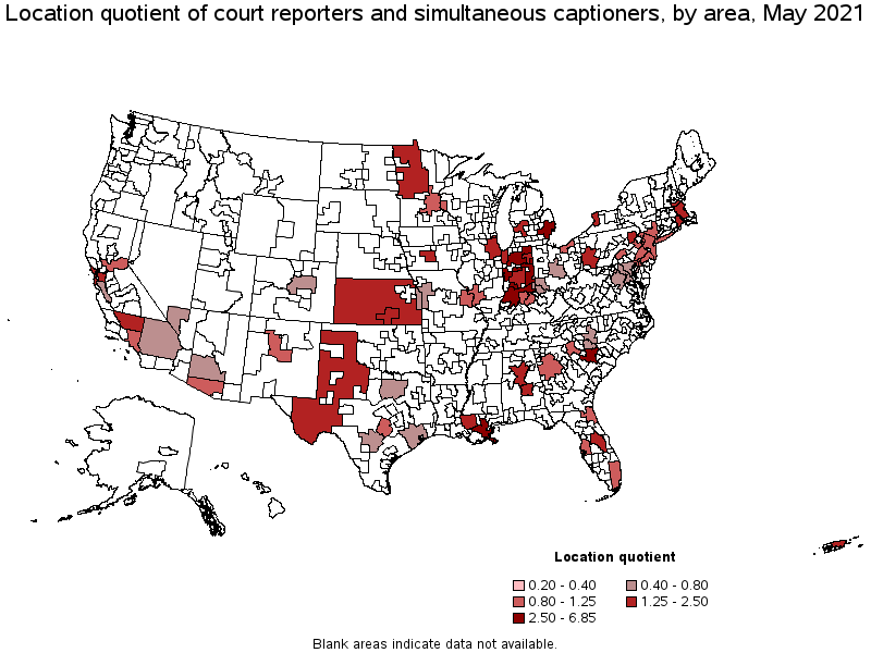 Map of location quotient of court reporters and simultaneous captioners by area, May 2021