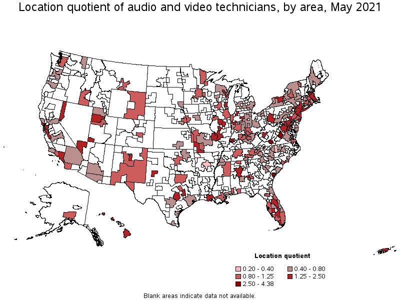 Map of location quotient of audio and video technicians by area, May 2021