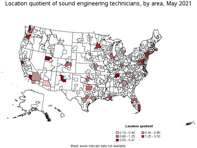 Map of location quotient of sound engineering technicians by area, May 2021