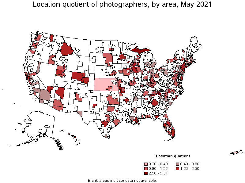 Map of location quotient of photographers by area, May 2021