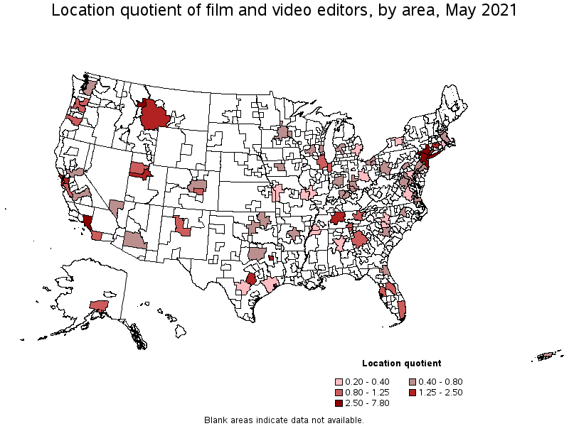 Map of location quotient of film and video editors by area, May 2021