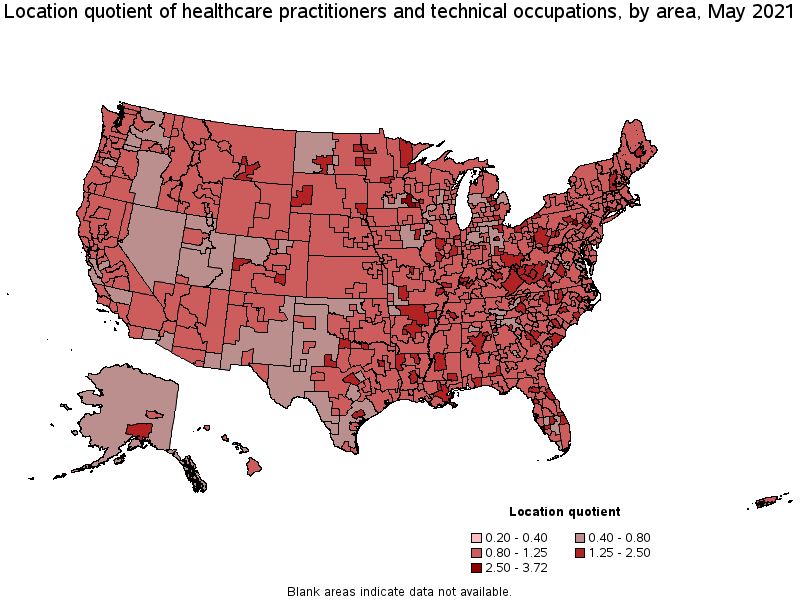 Map of location quotient of healthcare practitioners and technical occupations by area, May 2021