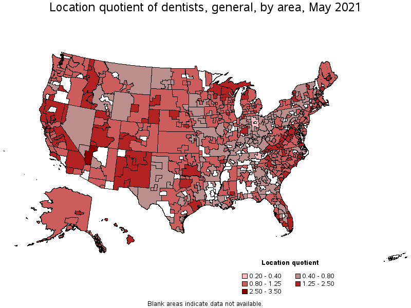 Map of location quotient of dentists, general by area, May 2021