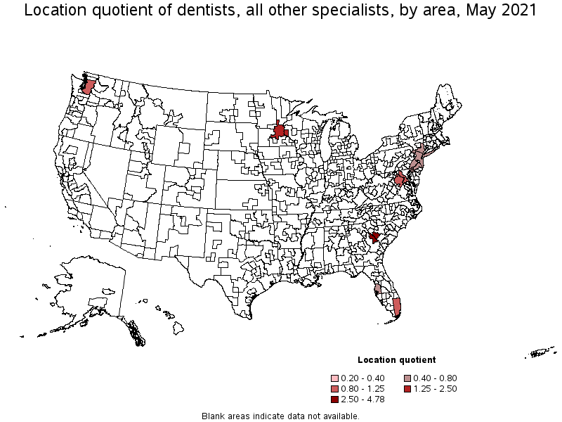 Map of location quotient of dentists, all other specialists by area, May 2021