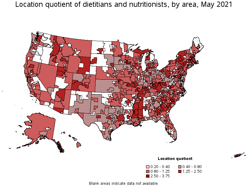 Map of location quotient of dietitians and nutritionists by area, May 2021