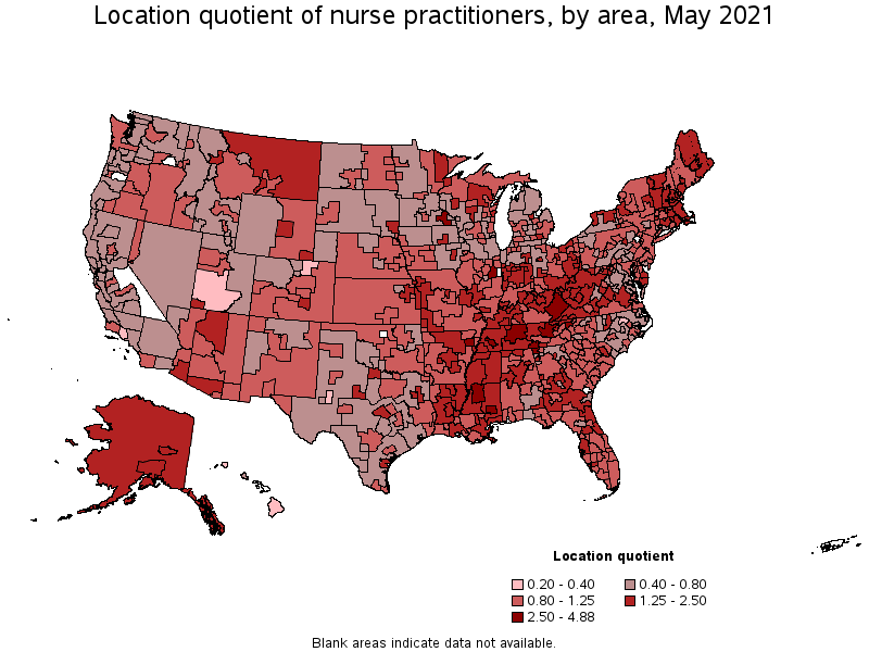 Map of location quotient of nurse practitioners by area, May 2021