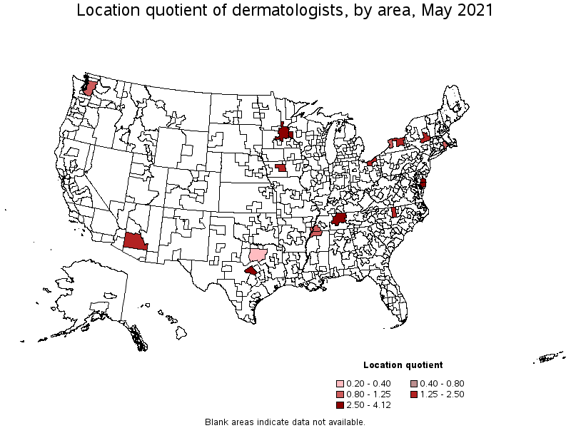 Map of location quotient of dermatologists by area, May 2021