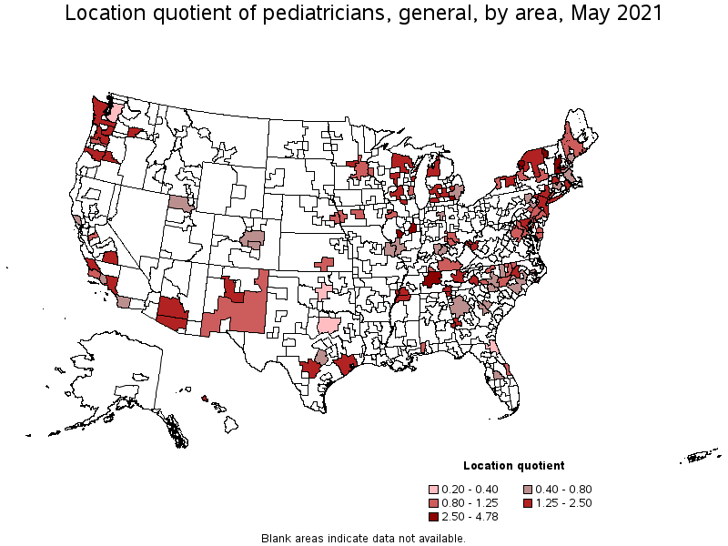 Map of location quotient of pediatricians, general by area, May 2021