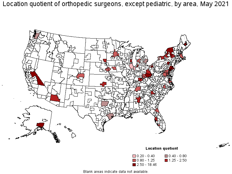 Map of location quotient of orthopedic surgeons, except pediatric by area, May 2021