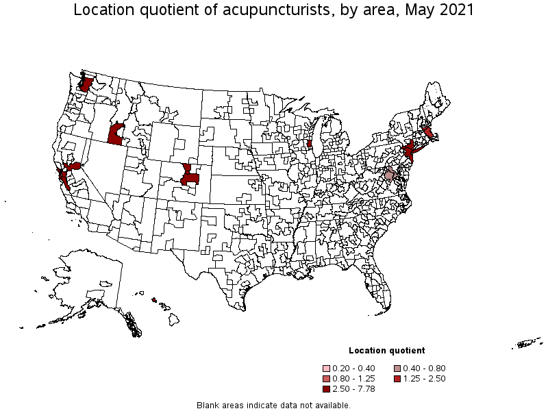 Map of location quotient of acupuncturists by area, May 2021