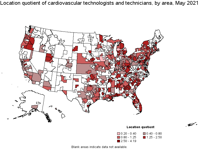 Map of location quotient of cardiovascular technologists and technicians by area, May 2021