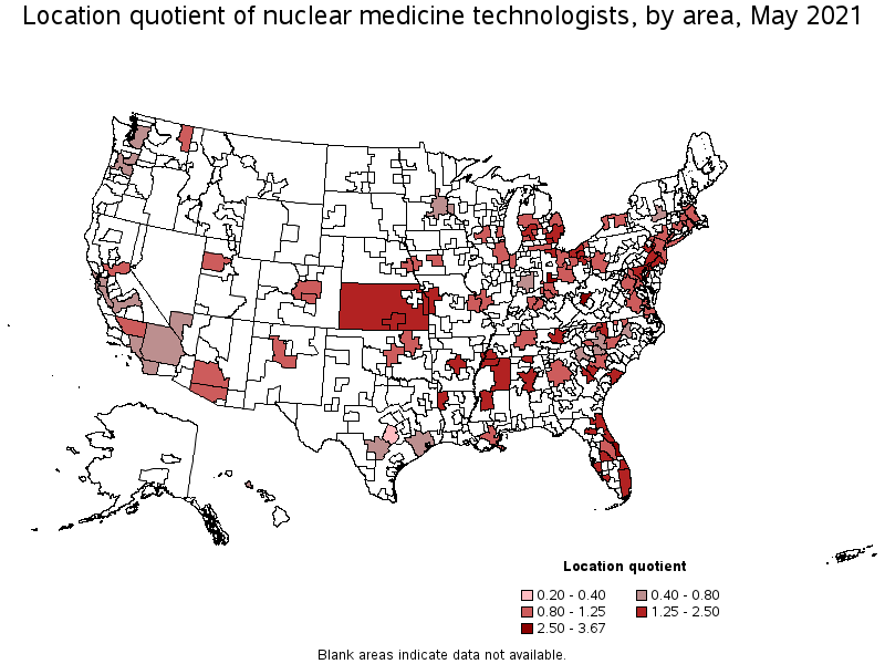 Map of location quotient of nuclear medicine technologists by area, May 2021