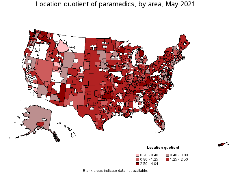 Map of location quotient of paramedics by area, May 2021
