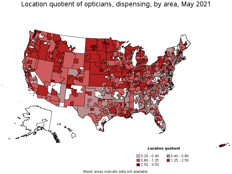 Map of location quotient of opticians, dispensing by area, May 2021