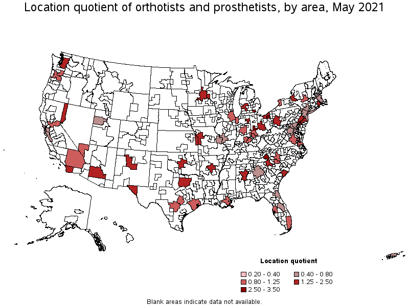 Map of location quotient of orthotists and prosthetists by area, May 2021