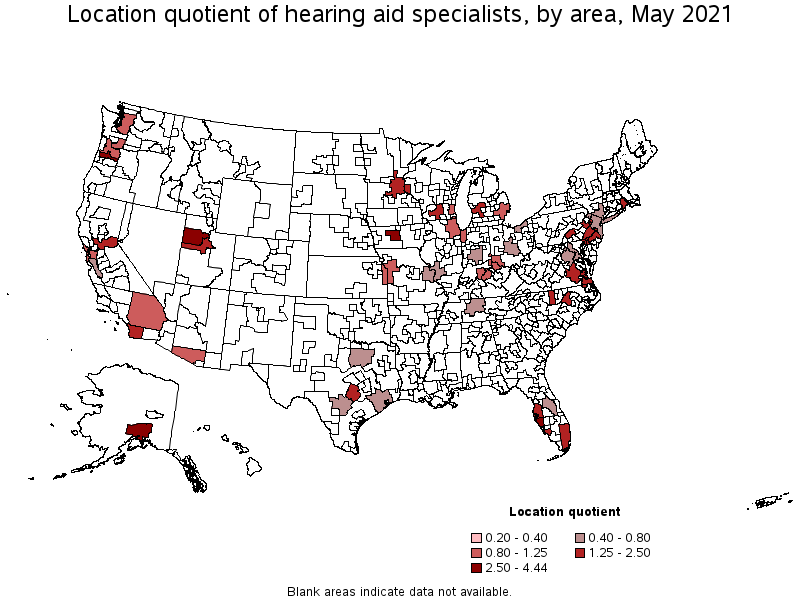Map of location quotient of hearing aid specialists by area, May 2021