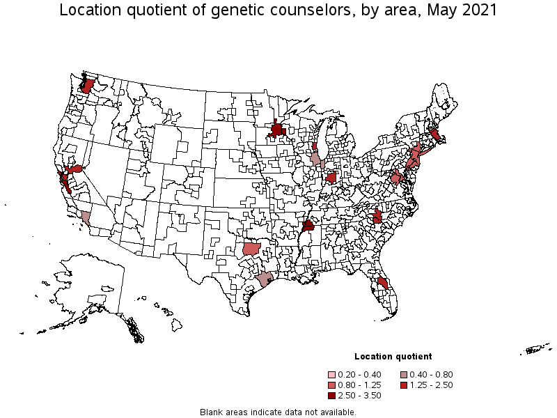 Map of location quotient of genetic counselors by area, May 2021