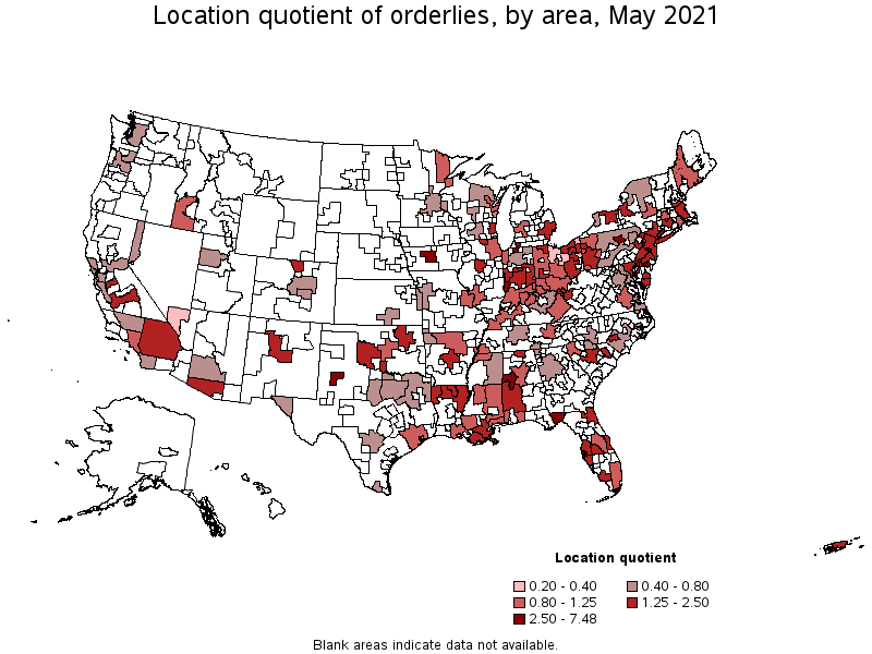 Map of location quotient of orderlies by area, May 2021