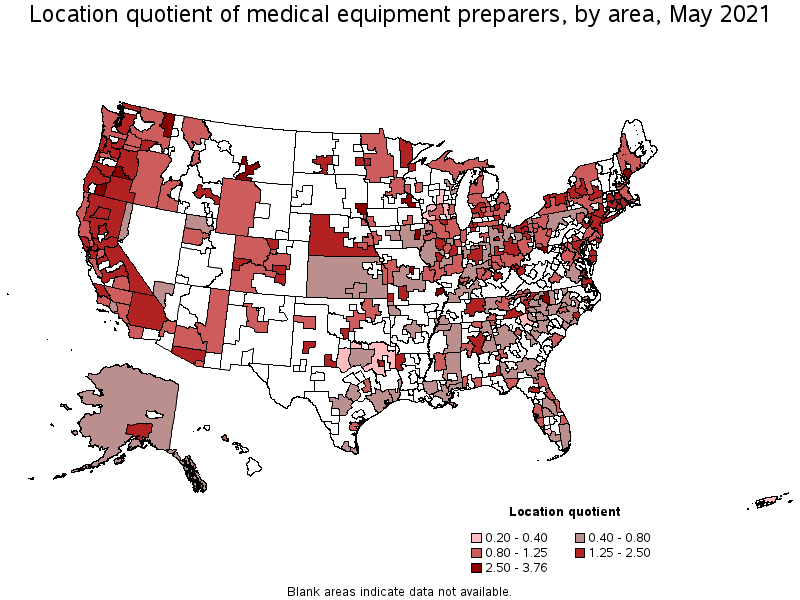 Map of location quotient of medical equipment preparers by area, May 2021