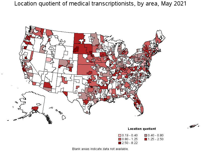 Map of location quotient of medical transcriptionists by area, May 2021