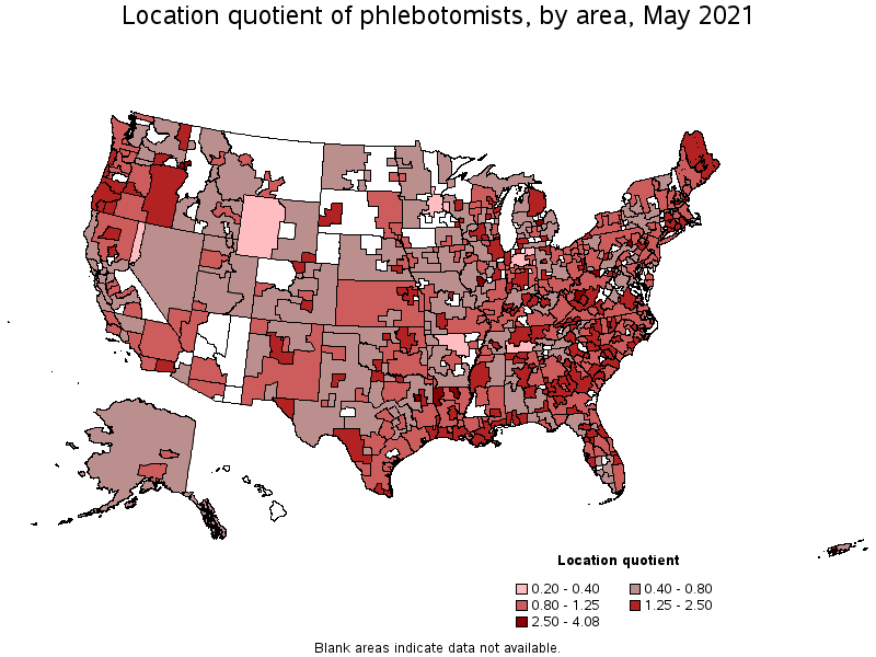 Map of location quotient of phlebotomists by area, May 2021