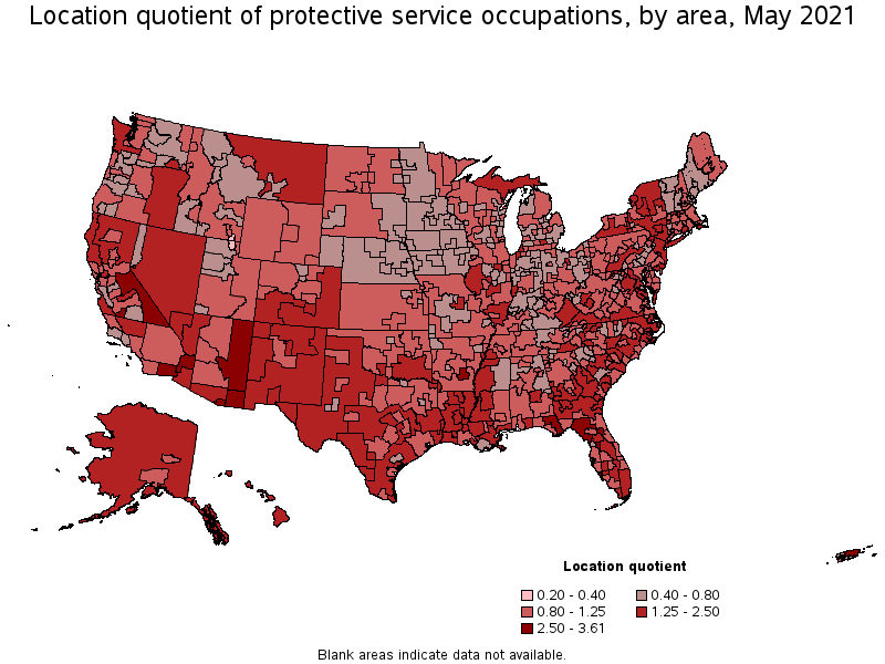 Map of location quotient of protective service occupations by area, May 2021