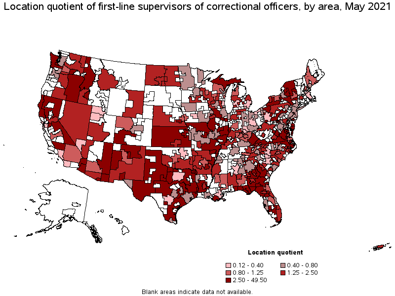 Map of location quotient of first-line supervisors of correctional officers by area, May 2021