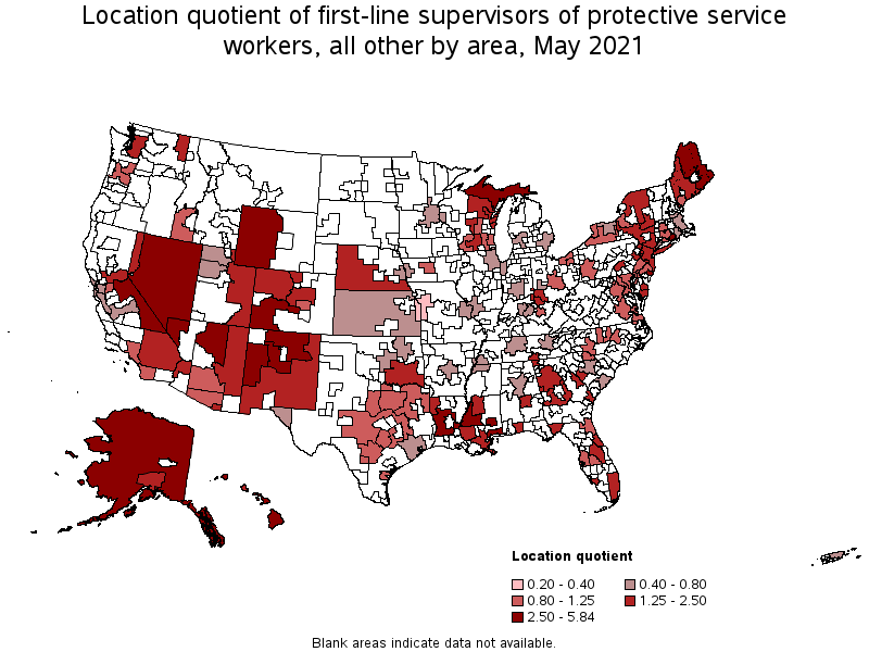 Map of location quotient of first-line supervisors of protective service workers, all other by area, May 2021