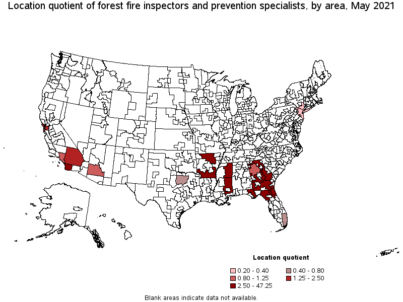 Map of location quotient of forest fire inspectors and prevention specialists by area, May 2021