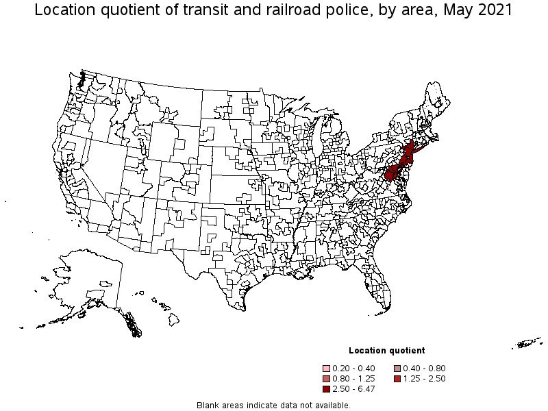 Map of location quotient of transit and railroad police by area, May 2021