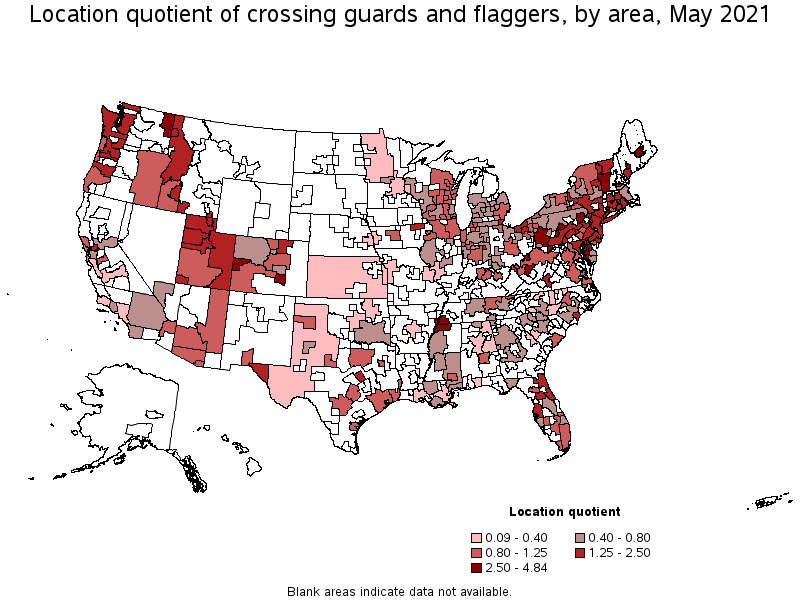 Map of location quotient of crossing guards and flaggers by area, May 2021