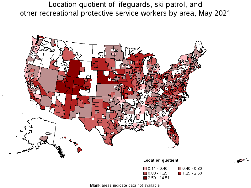 Map of location quotient of lifeguards, ski patrol, and other recreational protective service workers by area, May 2021