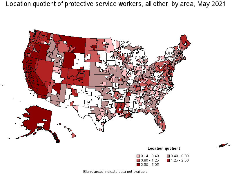 Map of location quotient of protective service workers, all other by area, May 2021