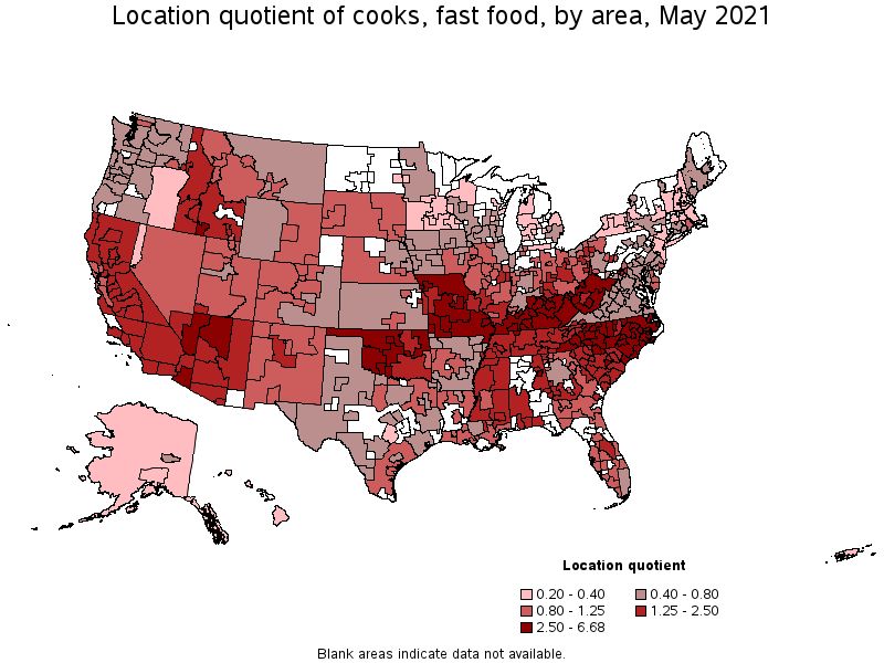 Map of location quotient of cooks, fast food by area, May 2021