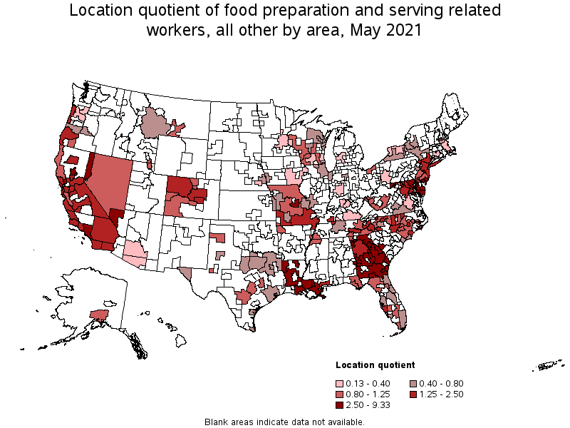 Map of location quotient of food preparation and serving related workers, all other by area, May 2021