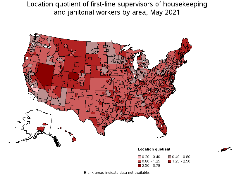 Map of location quotient of first-line supervisors of housekeeping and janitorial workers by area, May 2021