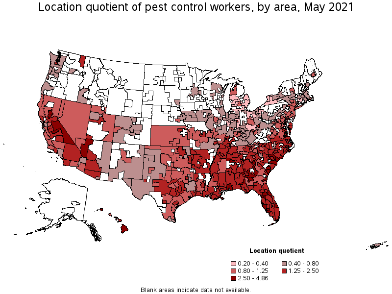 Map of location quotient of pest control workers by area, May 2021