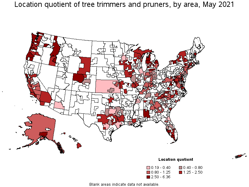 Map of location quotient of tree trimmers and pruners by area, May 2021