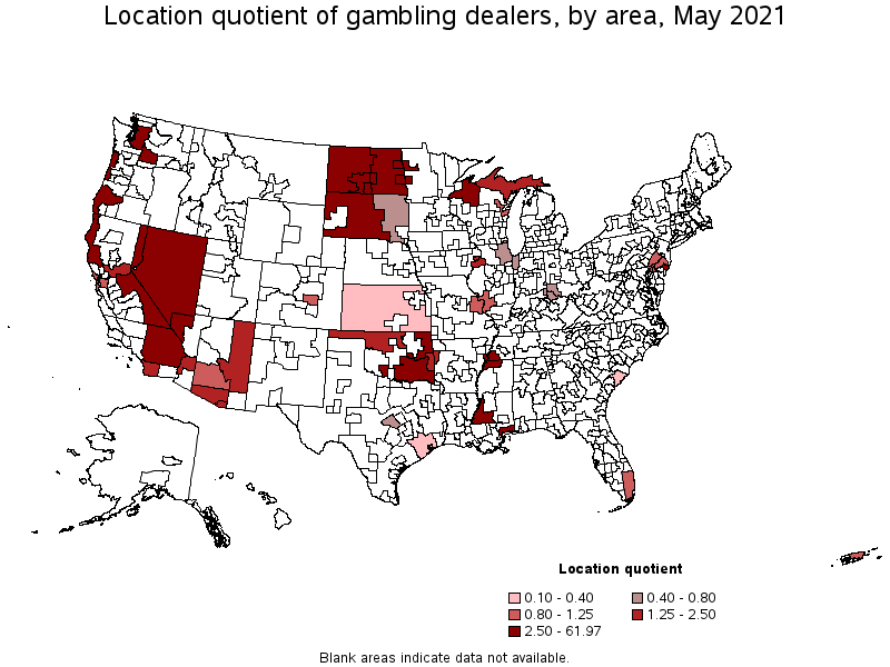 Map of location quotient of gambling dealers by area, May 2021