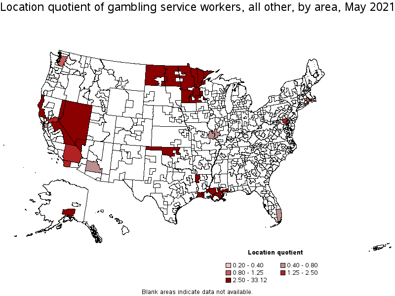 Map of location quotient of gambling service workers, all other by area, May 2021